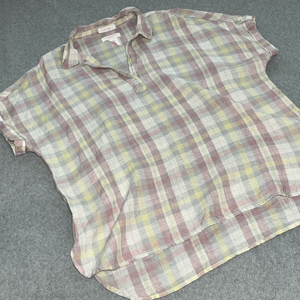 Linen Pastel Plaid Top Womens Large Coastal Beach Basic Casual Mature Summer